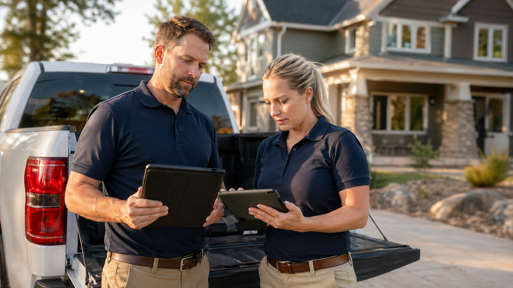 Master Certified male and female home inspectors with iPad reviewing report at the back of an inspection truck in southern Minnesota driveway